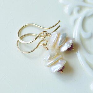 Keshi Pearl Earrings with Genuine Rubies in Gold